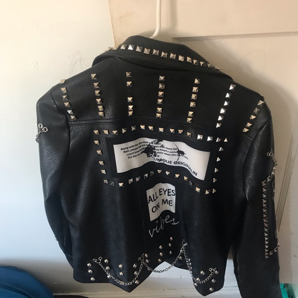 Robert Phillips black leather jacket with white patches